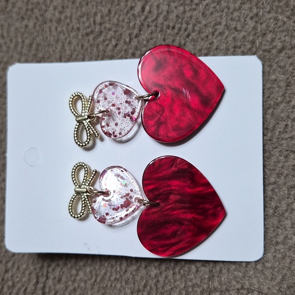 unbranded Jewelry - Cute Sparkly Double Red Heart Dangle Earrings with Bow Holiday